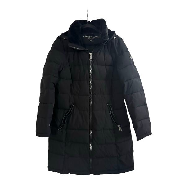 ANDREW MARC Black Long Stretch Parka Puffer Coat Jacket Lined Hood Women’s Sz M - Picture 2 of 6